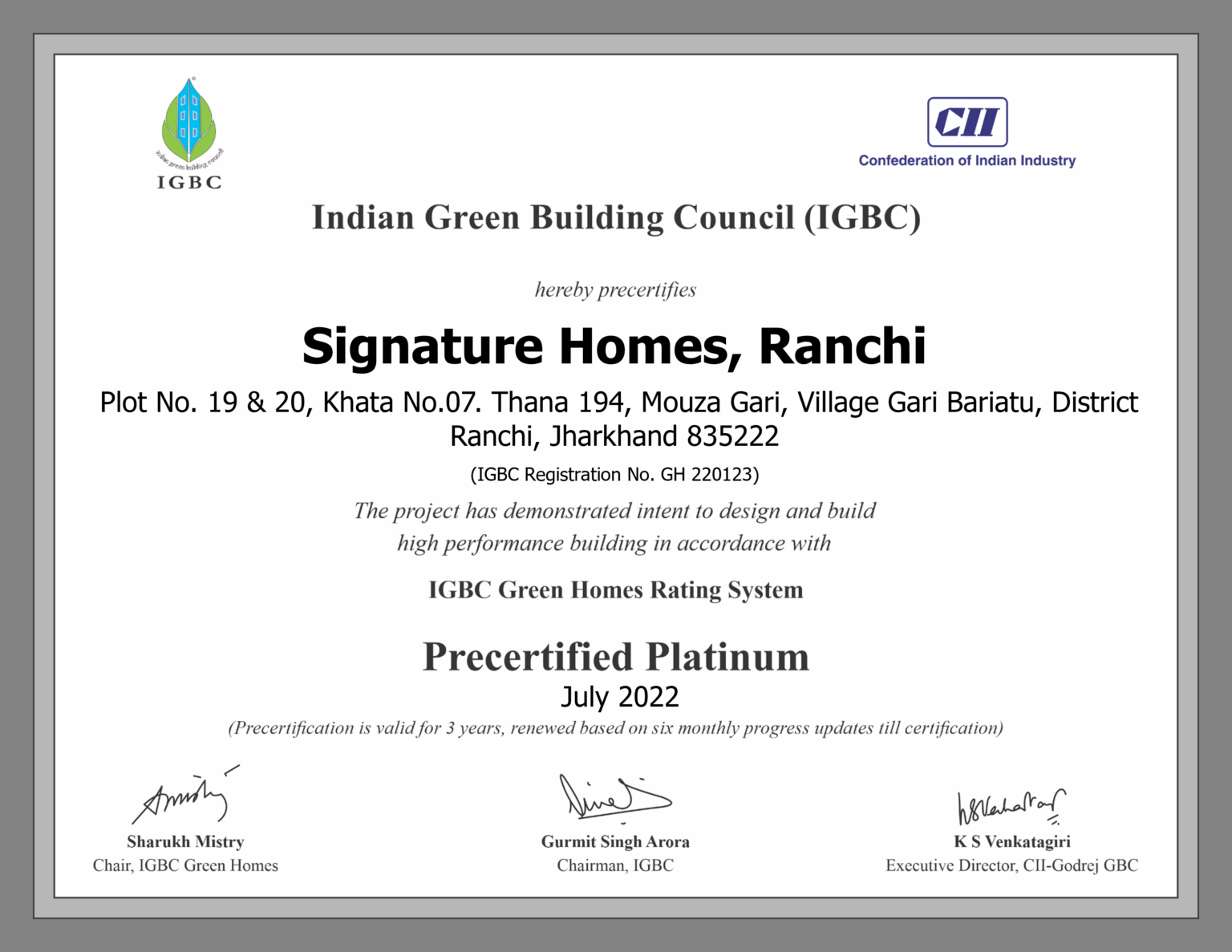 signature-homes-ranchi-certificate